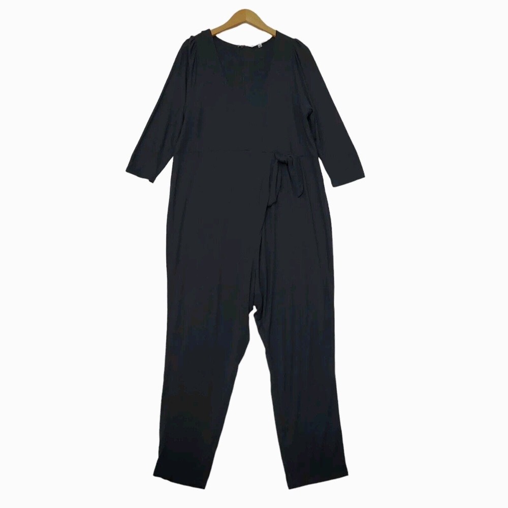 The Nines by HATCH 3/4 Sleeve Tie Waist Wrap Maternity Jumpsuit Black Size XXL